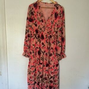 Garden Party Floral Pink Coral Long Sleeve Maxi Dress Sz Large Women